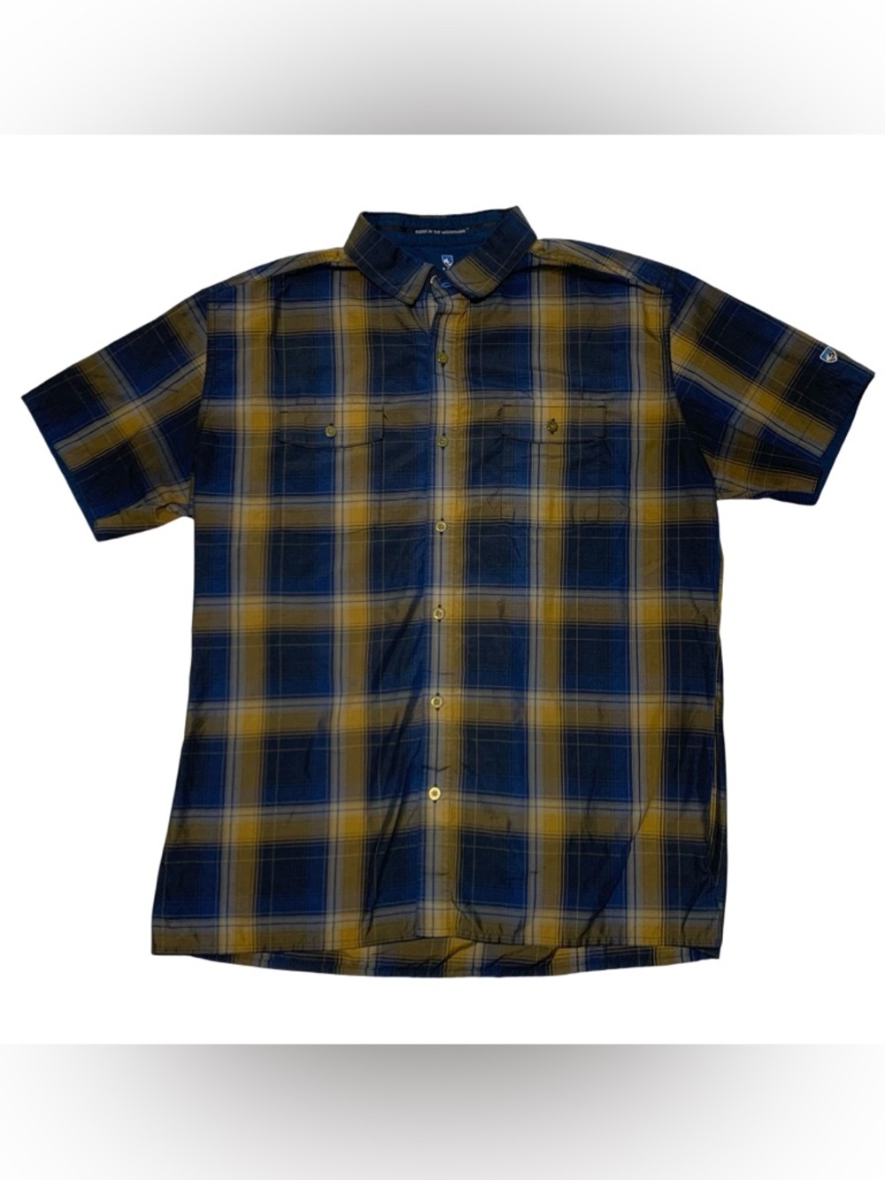Kuhl Response Shirt Blue Yellow Plaid Short Sleeve Button Up Men's L Outdoors